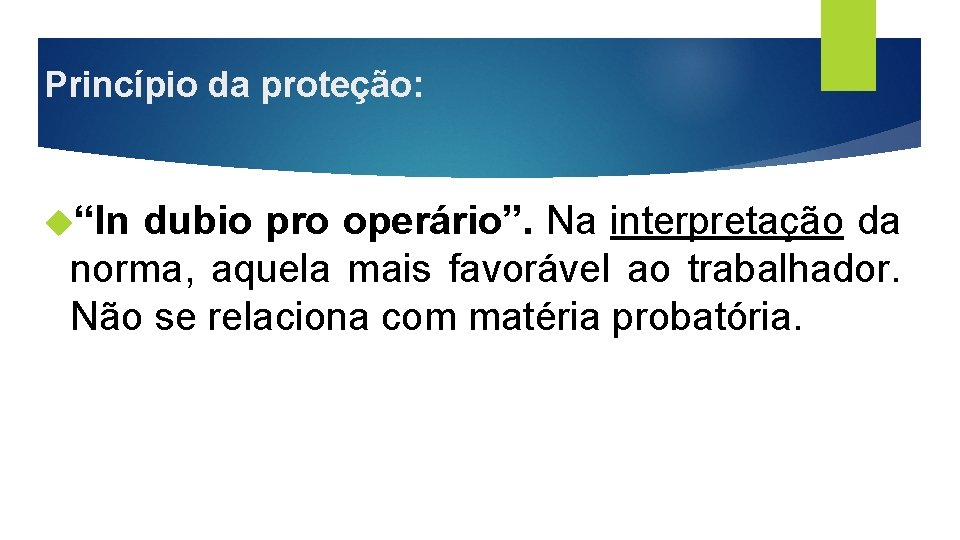 Princípio da proteção: “In dubio pro operário”. Na interpretação da norma, aquela mais favorável