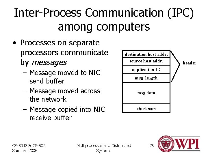 Inter-Process Communication (IPC) among computers • Processes on separate processors communicate by messages destinationhostaddr.