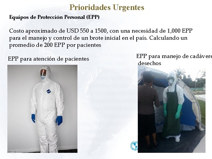 Prioridades Urgentes Equipos de Protección Personal (EPP) Costo aproximado de USD 550 a 1500,