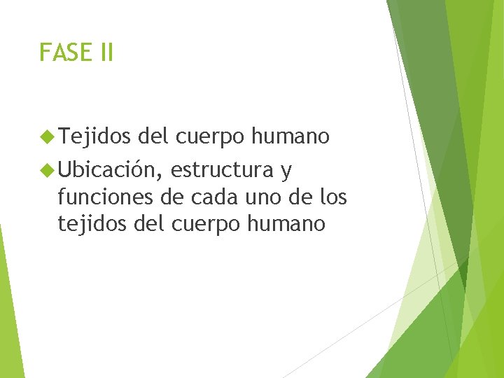 FASE II Tejidos del cuerpo humano Ubicación, estructura y funciones de cada uno de