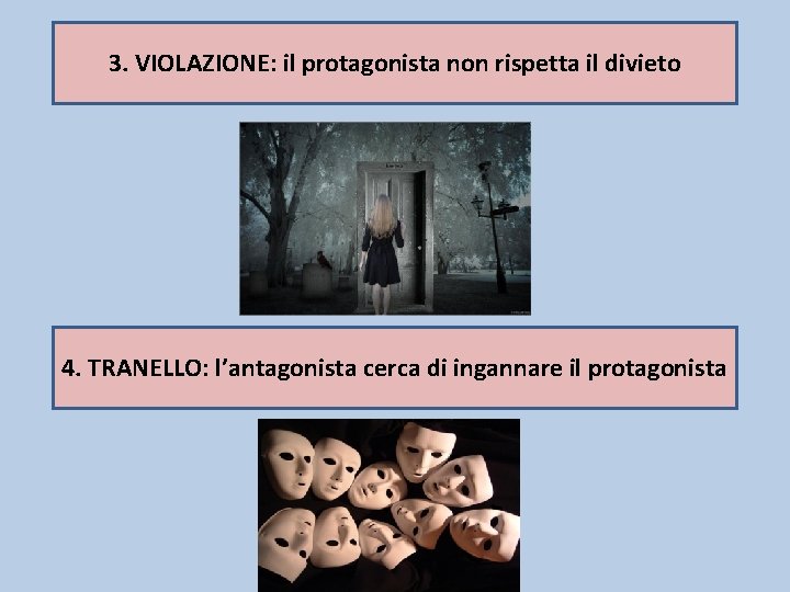 3. VIOLAZIONE: il protagonista non rispetta il divieto 4. TRANELLO: l’antagonista cerca di ingannare