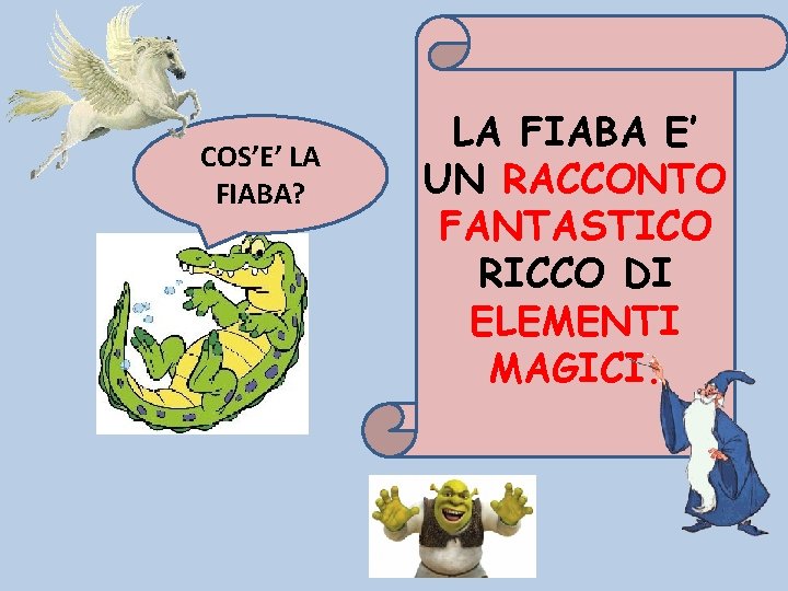 COS’E’ LA FIABA? LA FIABA E’ UN RACCONTO FANTASTICO RICCO DI ELEMENTI MAGICI. 