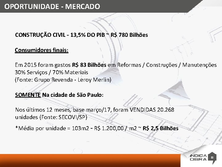 OPORTUNIDADE - MERCADO CONSTRUÇÃO CIVIL – 13, 5% DO PIB ~ R$ 780 Bilhões