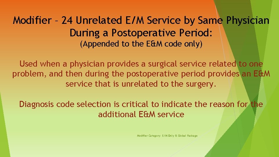 Modifier – 24 Unrelated E/M Service by Same Physician During a Postoperative Period: (Appended