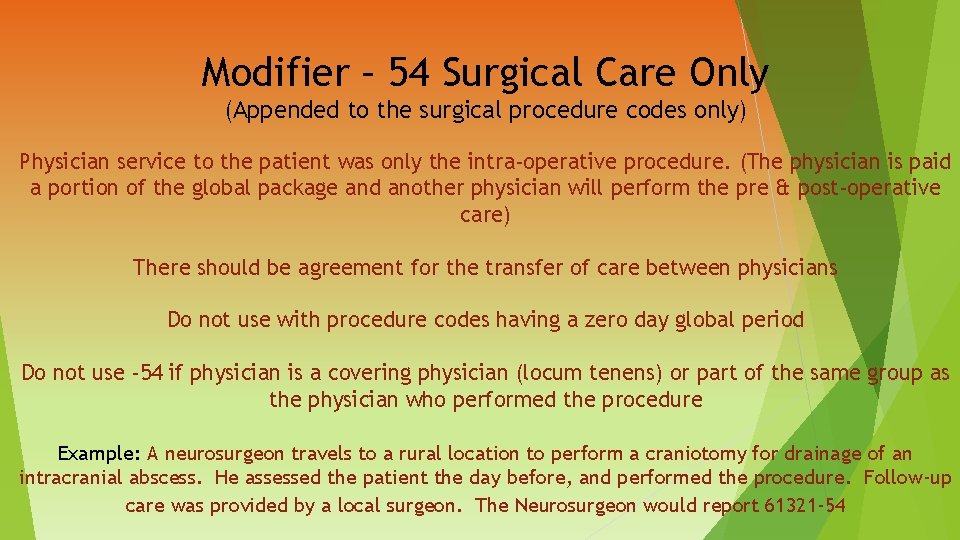 Modifier – 54 Surgical Care Only (Appended to the surgical procedure codes only) Physician