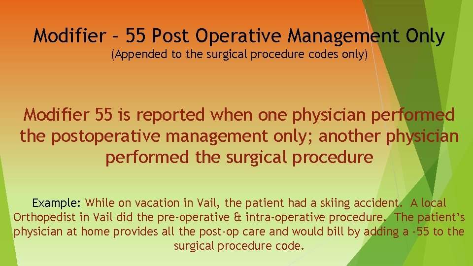 Modifier – 55 Post Operative Management Only (Appended to the surgical procedure codes only)