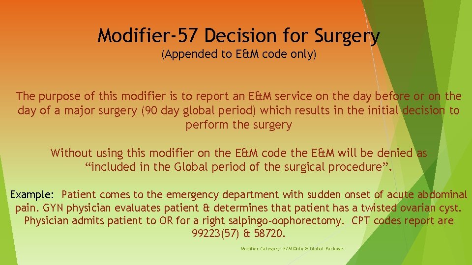 Modifier-57 Decision for Surgery (Appended to E&M code only) The purpose of this modifier