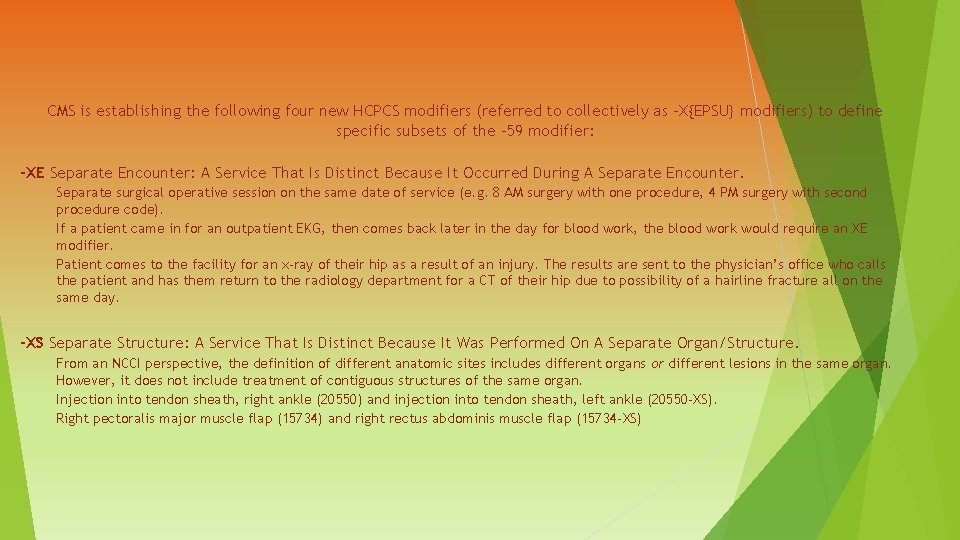 CMS is establishing the following four new HCPCS modifiers (referred to collectively as -X{EPSU}