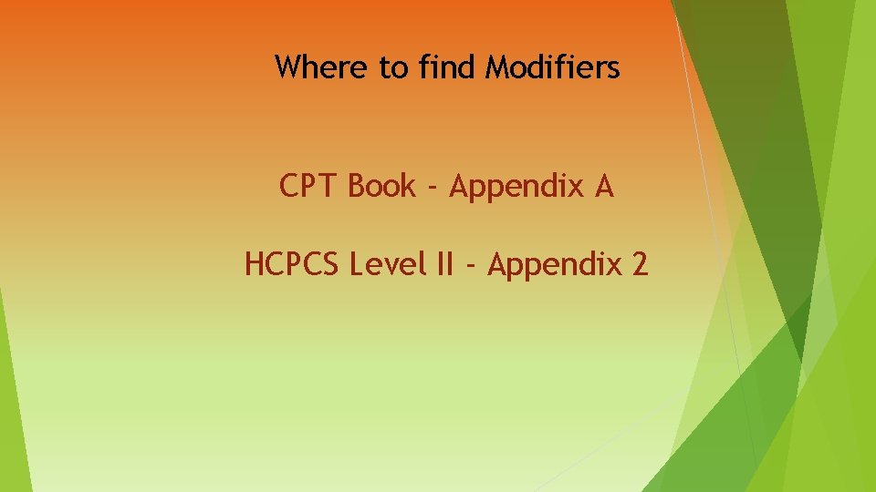 Where to find Modifiers CPT Book - Appendix A HCPCS Level II - Appendix