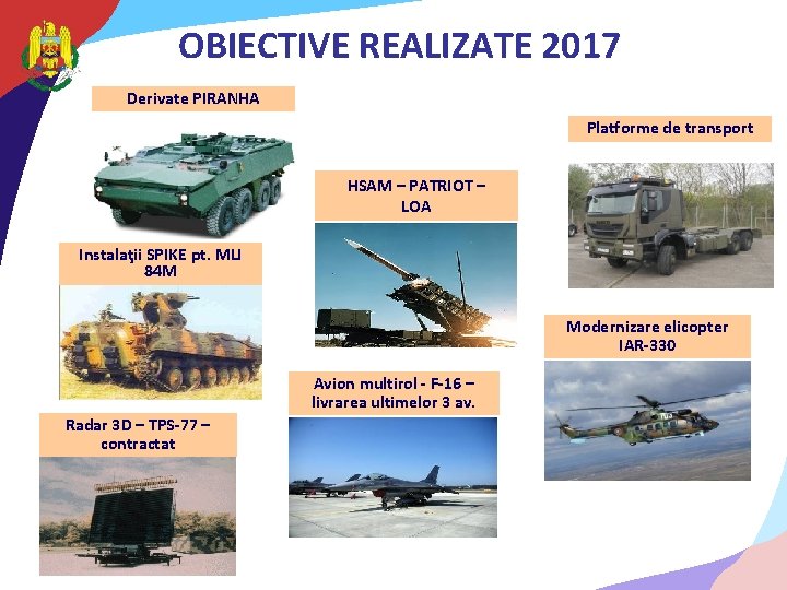 OBIECTIVE REALIZATE 2017 Derivate PIRANHA Platforme de transport HSAM – PATRIOT – LOA Instalaţii OBIECTIVE REALIZATE 2017 Derivate PIRANHA Platforme de transport HSAM – PATRIOT – LOA Instalaţii