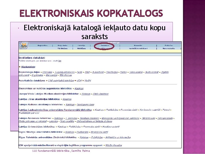 ELEKTRONISKAIS KOPKATALOGS Elektroniskajā katalogā iekļauto datu kopu saraksts LLU Fundamentālā bibliotēka, Sarmīte Palma 