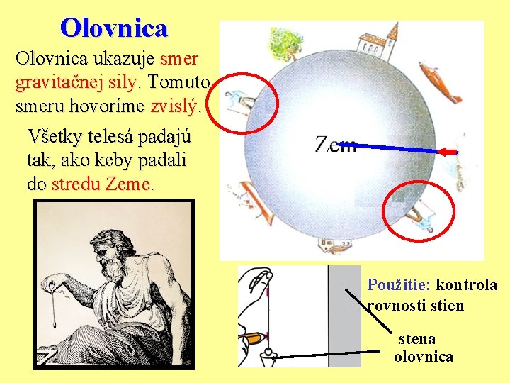 Olovnica ukazuje smer gravitačnej sily. Tomuto smeru hovoríme zvislý. Všetky telesá padajú tak, ako