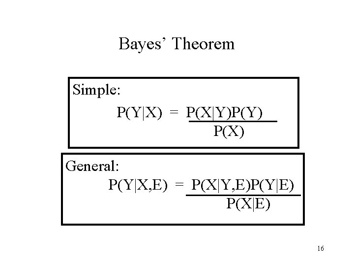 Bayes’ Theorem Simple: P(Y|X) = P(X|Y)P(Y) P(X) General: P(Y|X, E) = P(X|Y, E)P(Y|E) P(X|E)