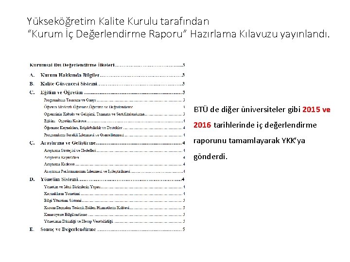 Yükseköğretim Kalite Kurulu tarafından “Kurum İç Değerlendirme Raporu” Hazırlama Kılavuzu yayınlandı. BTÜ de diğer