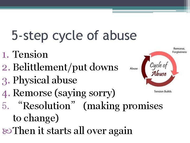 5 -step cycle of abuse 1. Tension 2. Belittlement/put downs 3. Physical abuse 4.