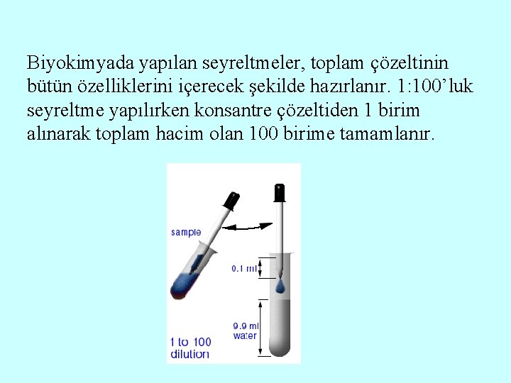 Biyokimyada yapılan seyreltmeler, toplam çözeltinin bütün özelliklerini içerecek şekilde hazırlanır. 1: 100’luk seyreltme yapılırken