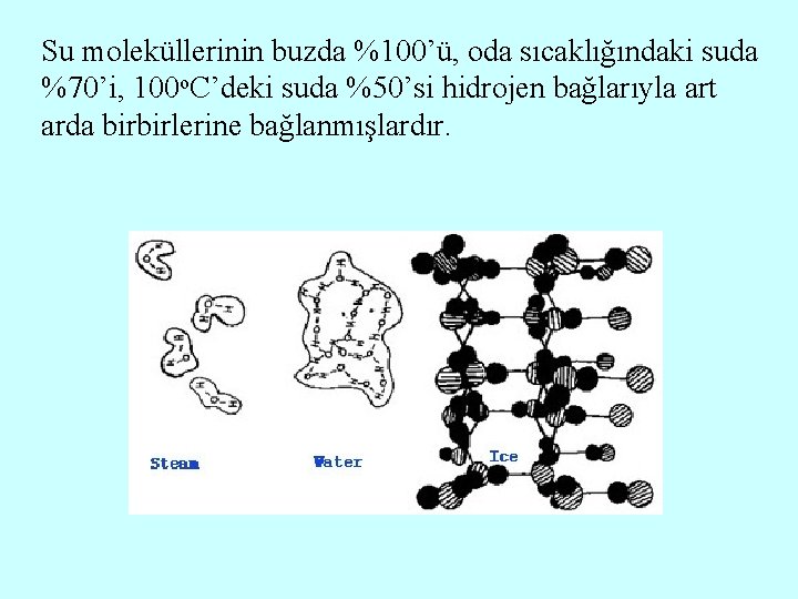 Su moleküllerinin buzda %100’ü, oda sıcaklığındaki suda %70’i, 100 o. C’deki suda %50’si hidrojen