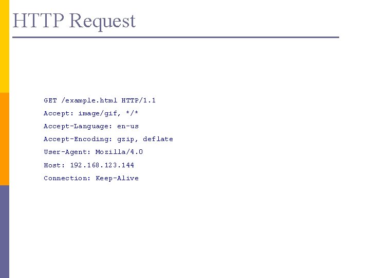 HTTP Request GET /example. html HTTP/1. 1 Accept: image/gif, */* Accept-Language: en-us Accept-Encoding: gzip,