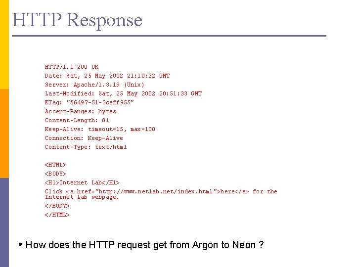 HTTP Response HTTP/1. 1 200 OK Date: Sat, 25 May 2002 21: 10: 32