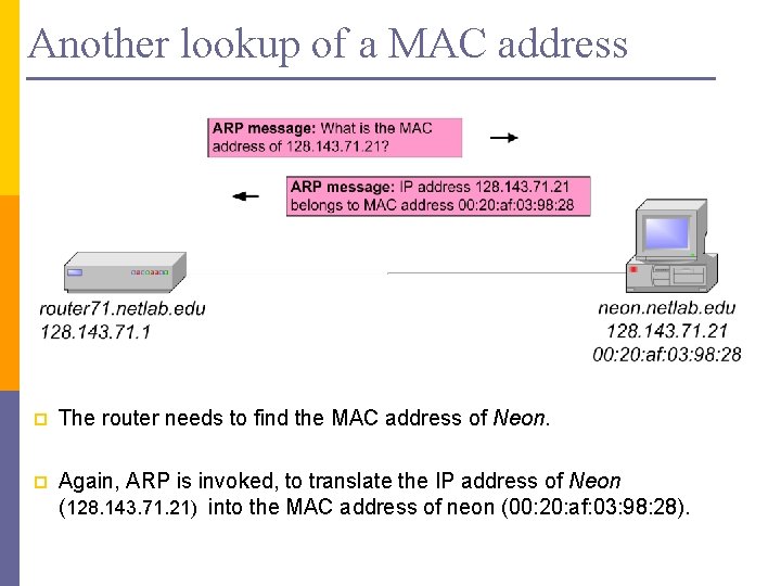 Another lookup of a MAC address p The router needs to find the MAC