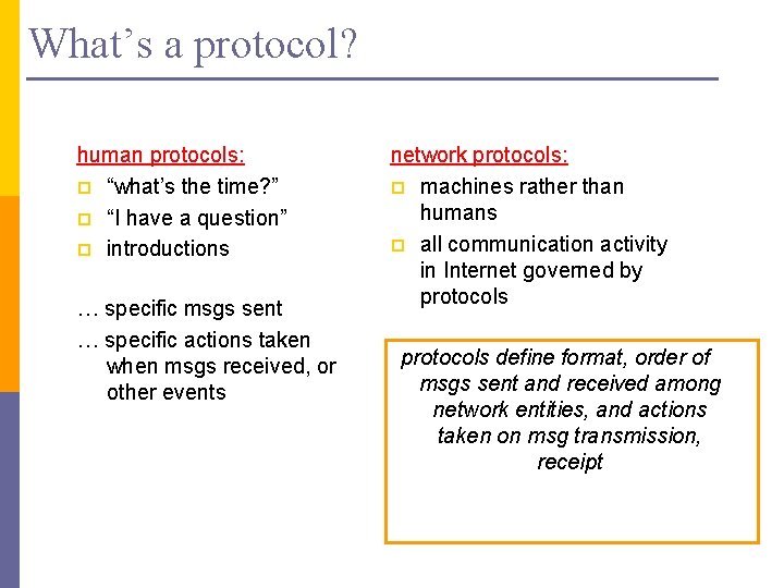What’s a protocol? human protocols: p “what’s the time? ” p “I have a