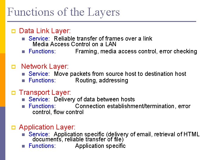 Functions of the Layers p Data Link Layer: n n p Network Layer: n