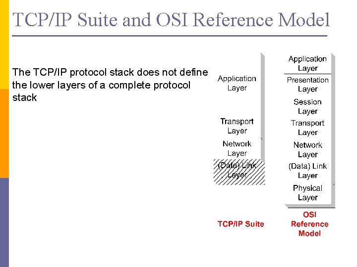 TCP/IP Suite and OSI Reference Model The TCP/IP protocol stack does not define the