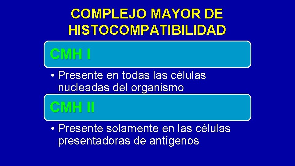 COMPLEJO MAYOR DE HISTOCOMPATIBILIDAD CMH I • Presente en todas las células nucleadas del