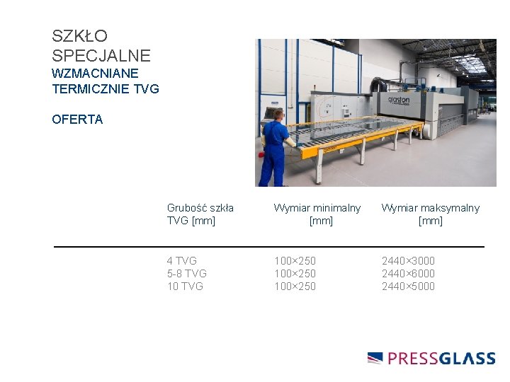 SZKŁO SPECJALNE WZMACNIANE TERMICZNIE TVG OFERTA Grubość szkła TVG [mm] Wymiar minimalny [mm] Wymiar