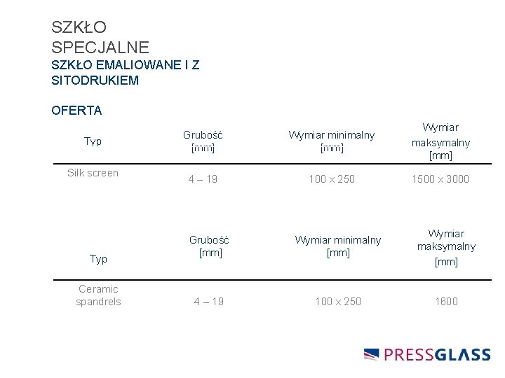 SZKŁO SPECJALNE SZKŁO EMALIOWANE I Z SITODRUKIEM OFERTA Typ Silk screen Typ Ceramic spandrels