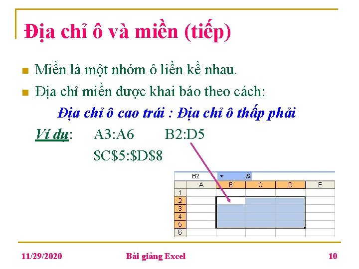 Địa chỉ ô và miền (tiếp) n n Miền là một nhóm ô liền Địa chỉ ô và miền (tiếp) n n Miền là một nhóm ô liền