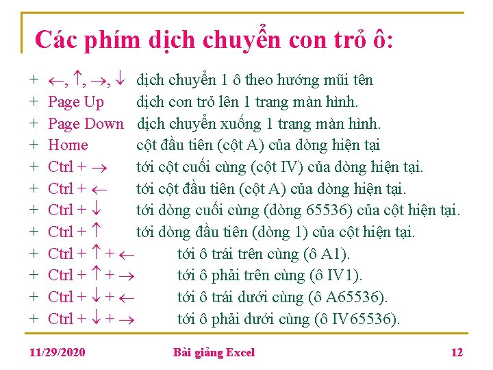 Các phím dịch chuyển con trỏ ô: + + + , , , dịch