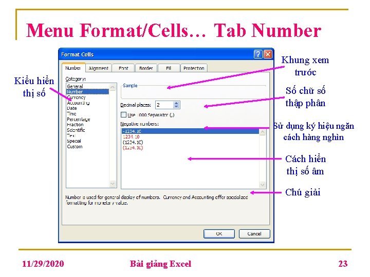 Menu Format/Cells… Tab Number Khung xem trước Kiểu hiển thị số Số chữ số