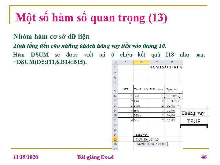 Một số hàm số quan trọng (13) Nhóm hàm cơ sở dữ liệu Tính