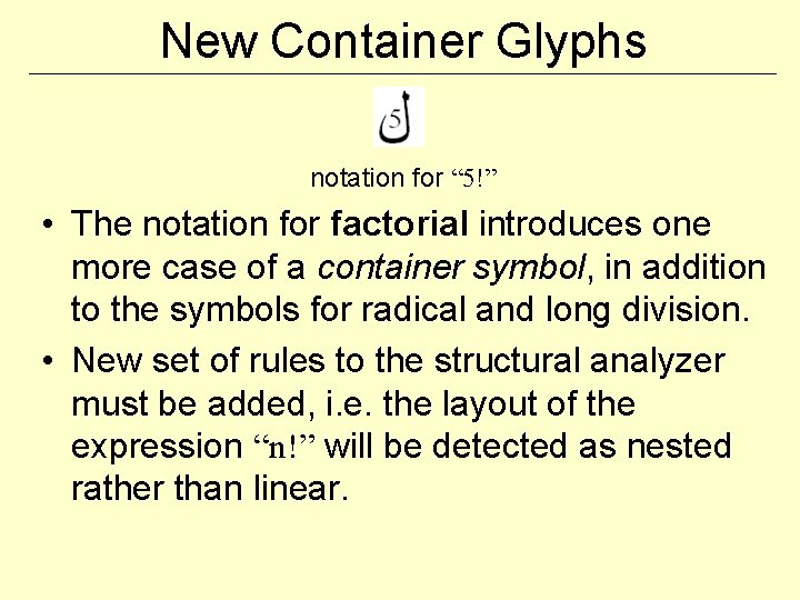 New Container Glyphs notation for “ 5!” • The notation for factorial introduces one