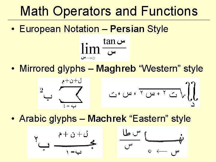Math Operators and Functions • European Notation – Persian Style • Mirrored glyphs –