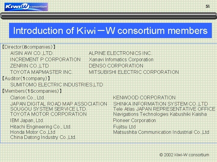 51 Introduction of Ｋｉｗｉ－W consortium members 【Director（８ companies）】 AISIN AW CO. , LTD. ALPINE