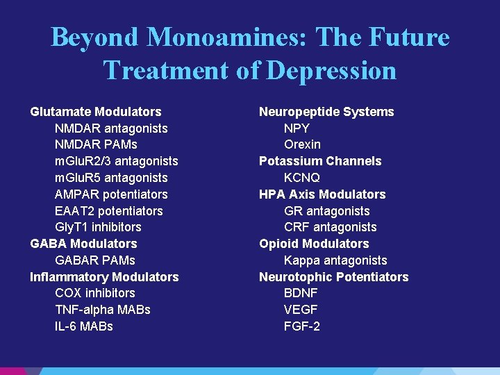 Beyond Monoamines: The Future Treatment of Depression Glutamate Modulators NMDAR antagonists NMDAR PAMs m.