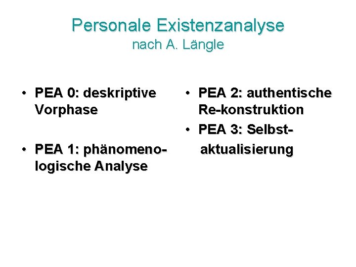 Personale Existenzanalyse nach A. Längle • PEA 0: deskriptive Vorphase • PEA 1: phänomenologische
