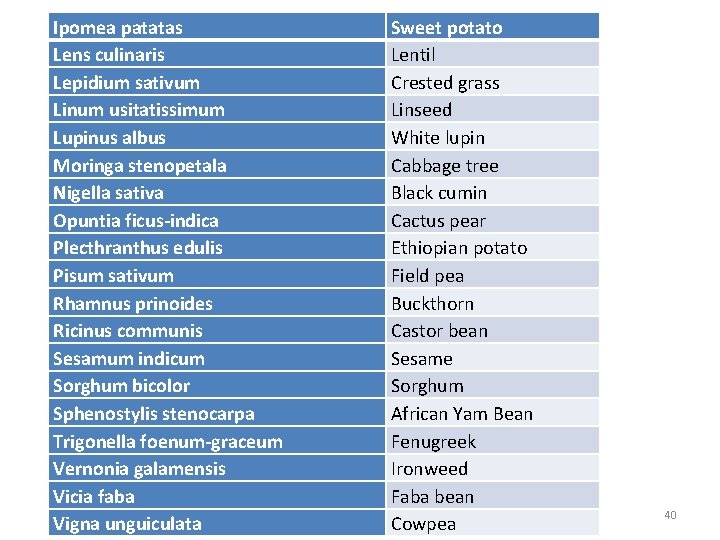 Ipomea patatas Lens culinaris Lepidium sativum Linum usitatissimum Lupinus albus Moringa stenopetala Nigella sativa