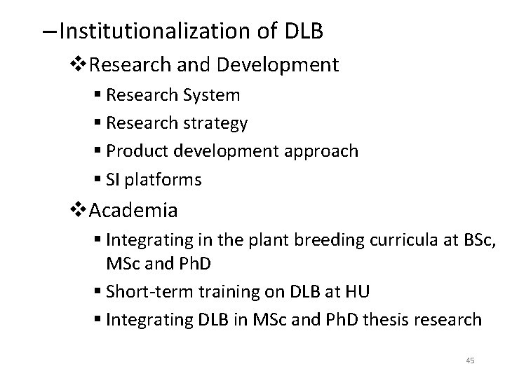 – Institutionalization of DLB v. Research and Development § Research System § Research strategy