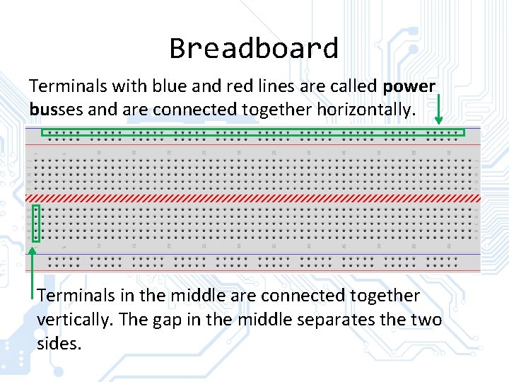 Breadboard Terminals with blue and red lines are called power busses and are connected