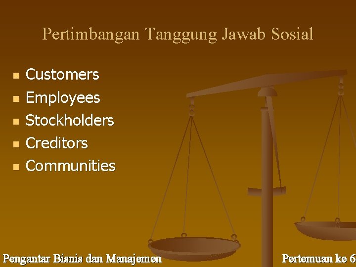 Pertimbangan Tanggung Jawab Sosial n n n Customers Employees Stockholders Creditors Communities Pengantar Bisnis