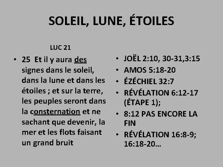 SOLEIL, LUNE, ÉTOILES LUC 21 • 25 Et il y aura des signes dans