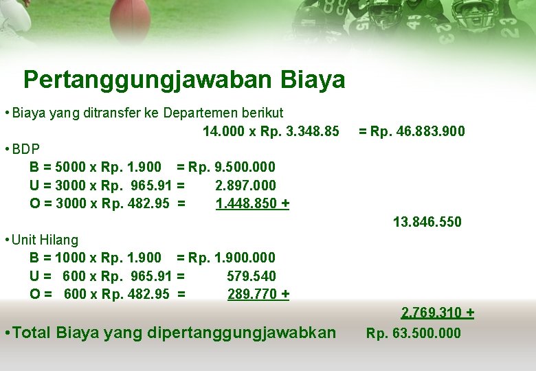 Pertanggungjawaban Biaya • Biaya yang ditransfer ke Departemen berikut 14. 000 x Rp. 3.