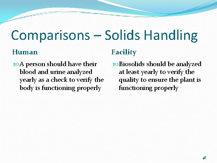 Comparisons – Solids Handling Human Facility A person should have their blood and urine