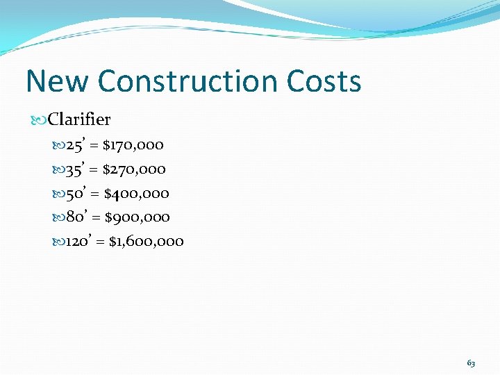 New Construction Costs Clarifier 25’ = $170, 000 35’ = $270, 000 50’ =