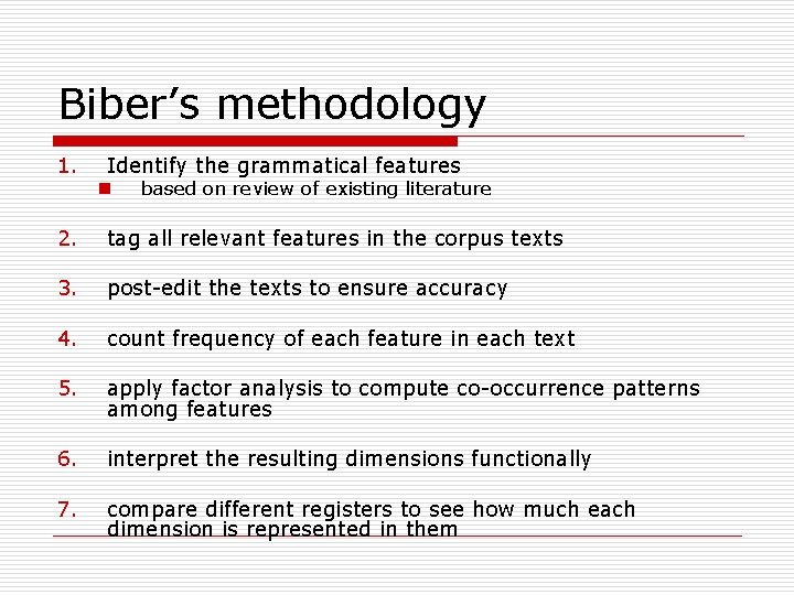 Biber’s methodology 1. Identify the grammatical features n based on review of existing literature