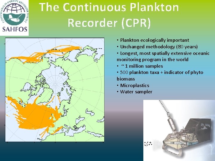 The Continuous Plankton Recorder (CPR) • Plankton ecologically important • Unchanged methodology (80 years)