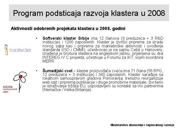 Program podsticaja razvoja klastera u 2008 Aktivnosti odobrenih projekata klastera u 2008. godini •